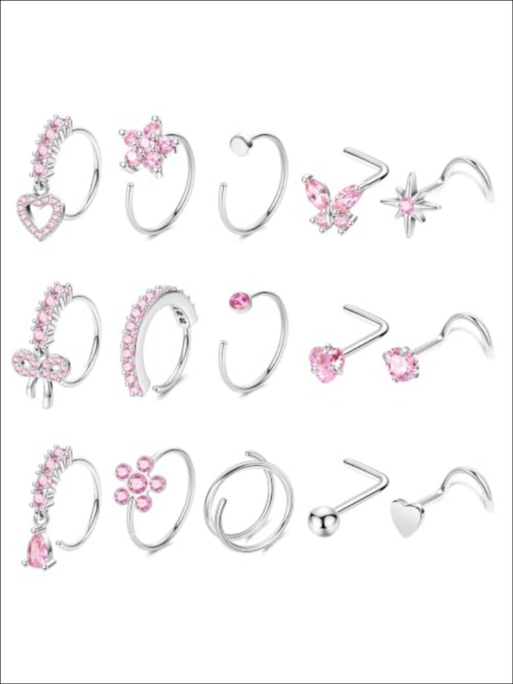 15 Pc 20G Stainless Steel Nose Ring Set L Shape Hoops Studs Dangle Piercing